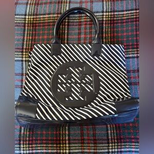 Tory Burch Navy Blue and White Ella Striped Tote Bag